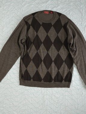 Izod Brown Wool Blend Argyle Crew Neck Preppy Casual Sweater